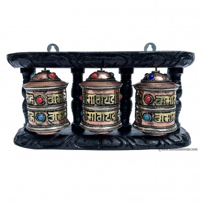 Triple Brass Prayer Wheel On Wooden Frame, With Mantra Inside, Wall Mountable