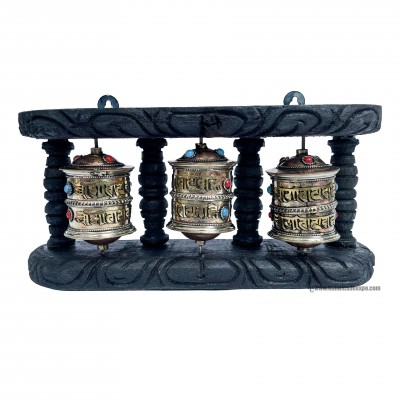 Triple Brass Prayer Wheel On Wooden Frame, With Mantra Inside, Wall Mountable