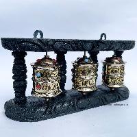 Triple Brass Prayer Wheel On Wooden Frame, With Mantra Inside, Wall Mountable