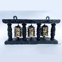 Triple Brass Prayer Wheel On Wooden Frame, With Mantra Inside, Wall Mountable