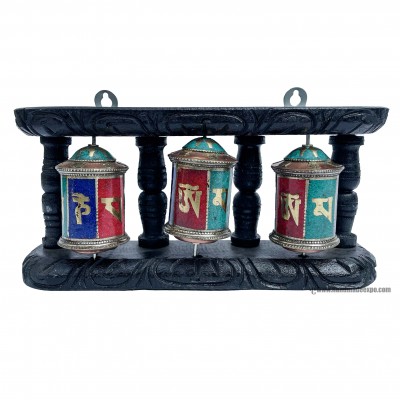 Triple Brass Prayer Wheel On Wooden Frame, With Mantra Inside, With [stone Setting], Wall Mountable