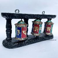 Triple Brass Prayer Wheel On Wooden Frame, With Mantra Inside, With [stone Setting], Wall Mountable