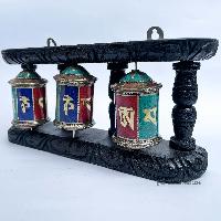 Triple Brass Prayer Wheel On Wooden Frame, With Mantra Inside, With [stone Setting], Wall Mountable