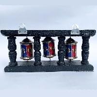 Triple Brass Prayer Wheel On Wooden Frame, With Mantra Inside, With [stone Setting], Wall Mountable