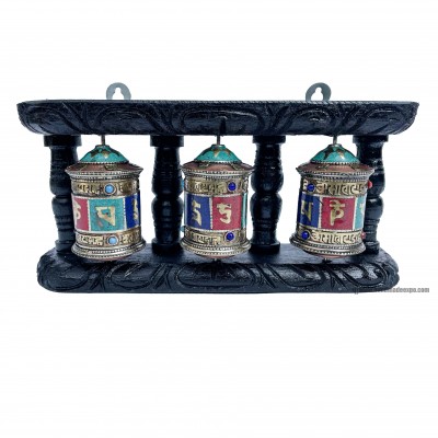 Triple Brass Prayer Wheel On Wooden Frame, With Mantra Inside, With [stone Setting], Wall Mountable