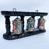 Triple Brass Prayer Wheel On Wooden Frame, With Mantra Inside, With [stone Setting], Wall Mountable