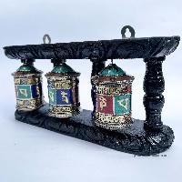 Triple Brass Prayer Wheel On Wooden Frame, With Mantra Inside, With [stone Setting], Wall Mountable