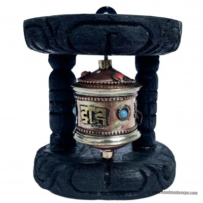 Brass Prayer Wheel On Wooden Frame, With Mantra Inside, Wall Mountable