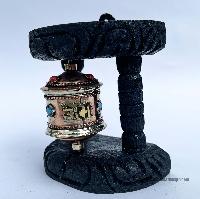 Brass Prayer Wheel On Wooden Frame, With Mantra Inside, Wall Mountable
