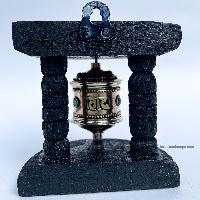 Brass Prayer Wheel On Wooden Frame, With Mantra Inside, Wall Mountable