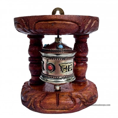 Brass Prayer Wheel On Brown Wooden Frame, With Mantra Inside, Wall Mountable