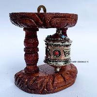 Brass Prayer Wheel On Brown Wooden Frame, With Mantra Inside, Wall Mountable