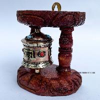 Brass Prayer Wheel On Brown Wooden Frame, With Mantra Inside, Wall Mountable
