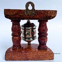 Brass Prayer Wheel On Brown Wooden Frame, With Mantra Inside, Wall Mountable