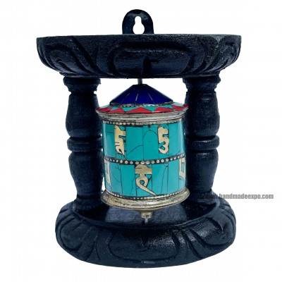 Brass Prayer Wheel On Wooden Frame [tourquise And Coral Stone Setting], With Mantra Inside, Wall Mountable