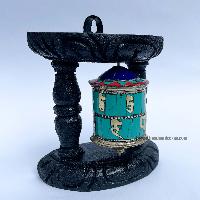 Brass Prayer Wheel On Wooden Frame [tourquise And Coral Stone Setting], With Mantra Inside, Wall Mountable