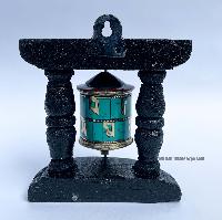 Brass Prayer Wheel On Wooden Frame [tourquise And Coral Stone Setting], With Mantra Inside, Wall Mountable