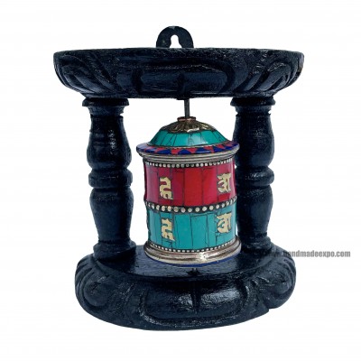 Brass Prayer Wheel On Wooden Frame [tourquise And Coral Stone Setting], With Mantra Inside, Wall Mountable