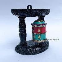 Brass Prayer Wheel On Wooden Frame [tourquise And Coral Stone Setting], With Mantra Inside, Wall Mountable