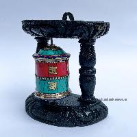 Brass Prayer Wheel On Wooden Frame [tourquise And Coral Stone Setting], With Mantra Inside, Wall Mountable