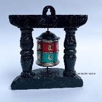 Brass Prayer Wheel On Wooden Frame [tourquise And Coral Stone Setting], With Mantra Inside, Wall Mountable