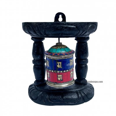Brass Prayer Wheel On Wooden Frame [tourquise And Coral Stone Setting], With Mantra Inside, Wall Mountable
