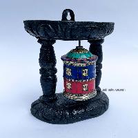 Brass Prayer Wheel On Wooden Frame [tourquise And Coral Stone Setting], With Mantra Inside, Wall Mountable