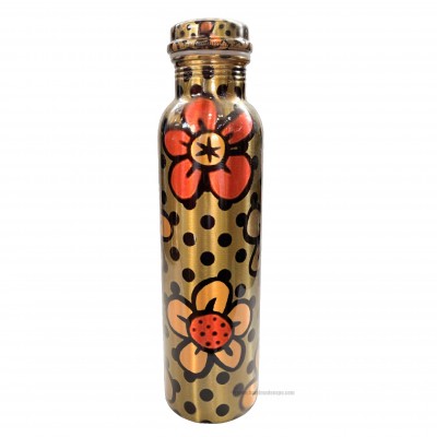 Copper Water [bottle] With Red Flower And Black Spot Design, [printed]