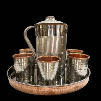 Water Serving Set With Jug, Round [serving Tray] And [five Glasses]