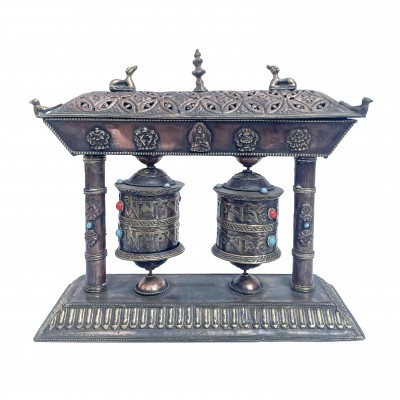 Double Prayer Wheel With Incense Burner Holder.