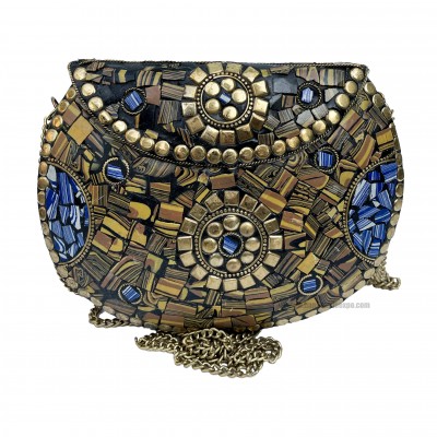 Nepali Handmade Big Ladies Bag With [stone Setting], [metal], [golden And Blue Color]