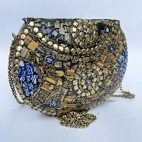 Nepali Handmade Big Ladies Bag With [stone Setting], [metal], [golden And Blue Color]