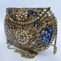 Nepali Handmade Big Ladies Bag With [stone Setting], [metal], [golden And Blue Color]