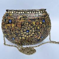 Nepali Handmade Big Ladies Bag With [stone Setting], [metal], [golden And Blue Color]
