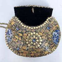 Nepali Handmade Big Ladies Bag With [stone Setting], [metal], [golden And Blue Color]