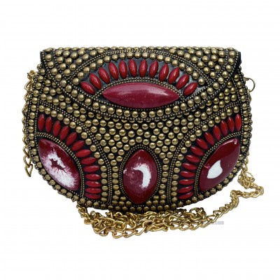 Nepali Handmade Big Ladies Bag With [stone Setting], [metal], [golden And Red Color]