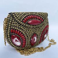 Nepali Handmade Big Ladies Bag With [stone Setting], [metal], [golden And Red Color]