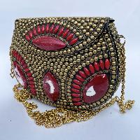 Nepali Handmade Big Ladies Bag With [stone Setting], [metal], [golden And Red Color]