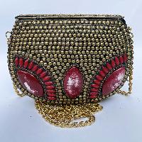 Nepali Handmade Big Ladies Bag With [stone Setting], [metal], [golden And Red Color]