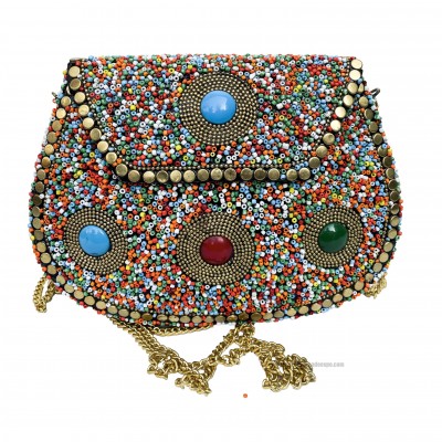 Nepali Handmade Big Ladies Bag With [stone Setting], [metal], [multi Color]