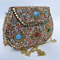 Nepali Handmade Big Ladies Bag With [stone Setting], [metal], [multi Color]
