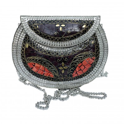 Nepali Handmade Big Ladies Bag With [stone Setting], [metal], [red, Black And Silver]
