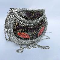 Nepali Handmade Big Ladies Bag With [stone Setting], [metal], [red, Black And Silver]