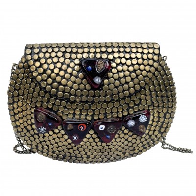 Nepali Handmade Big Ladies Bag With [stone Setting], [metal], [golden And Black Color]