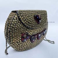 Nepali Handmade Big Ladies Bag With [stone Setting], [metal], [golden And Black Color]