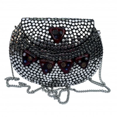 Nepali Handmade Big Ladies Bag With [stone Setting], [metal], [silver And Black Color]