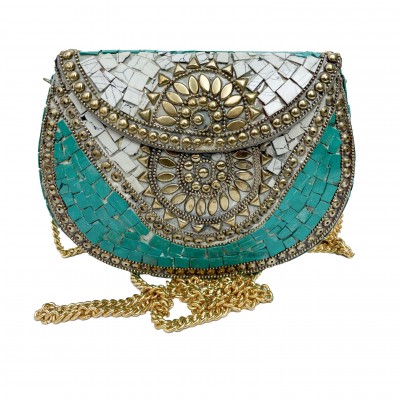 Nepali Handmade Big Ladies Bag With [stone Setting], [metal], [golden And Blue]