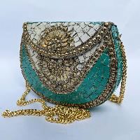 Nepali Handmade Big Ladies Bag With [stone Setting], [metal], [golden And Blue]