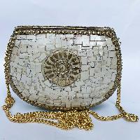 Nepali Handmade Big Ladies Bag With [stone Setting], [metal], [golden And Blue]