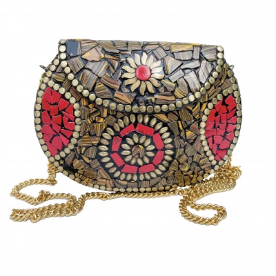 Nepali Handmade Big Ladies Bag With [stone Setting], [metal], [red And Golden Color]